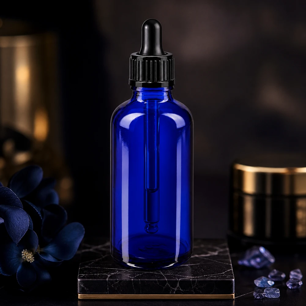 Flacon compte-gouttes bleu de 50 ml en verre de pharmacie STD, muni d'un bouchon pipette noir et posé sur un socle en marbre