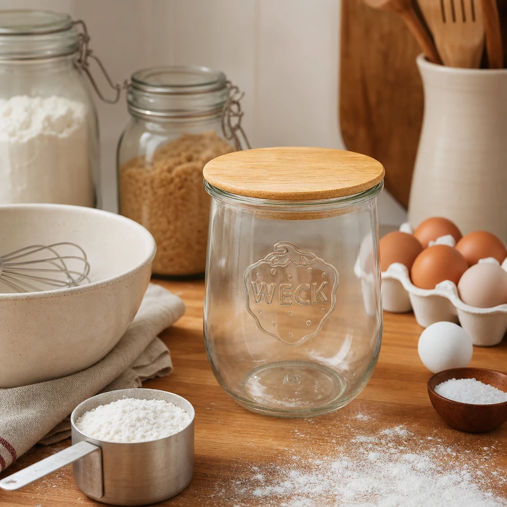 1062ml Tulpenglas WECK RR100 mit Holzdeckel WECK Tulpenglas RR100 1062ml leer mit Holzdeckel in rustikaler Küche zwischen Backzutaten Eiern Mehl Utensilien