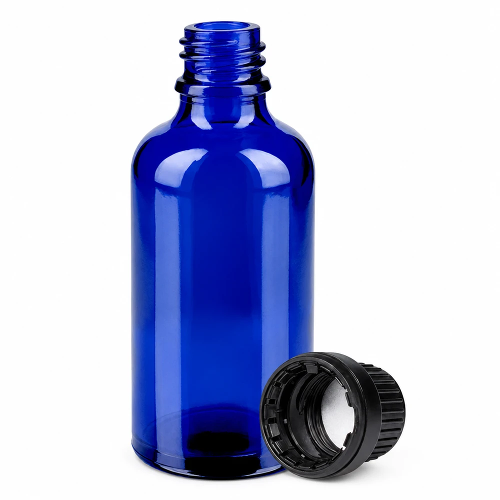 Piccola bottiglia in vetro blu da 50 ml con tappo antimanomissione per aromaterapia e tinture