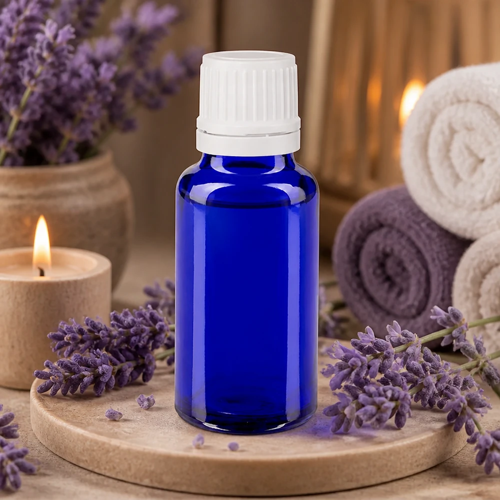 Apothekenflasche blau 20ml Schraubverschluss weiß Originalitätsverschluss Apothekerglasflasche blau 20ml mit manipulationssicherem weißem Verschluss für Aromapflege