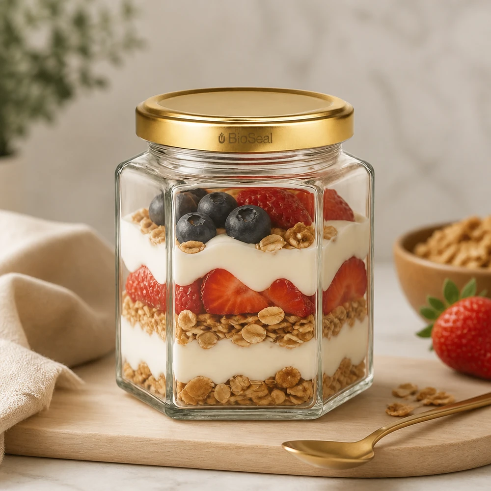 390ml Hexaglas mit BioSeal Deckel gold UNiTWIST UNiTWIST Hexa390 Glas mit TO70 BioSeal Deckel befüllt mit Müsli Joghurt Beeren als Parfait auf Holzbrett