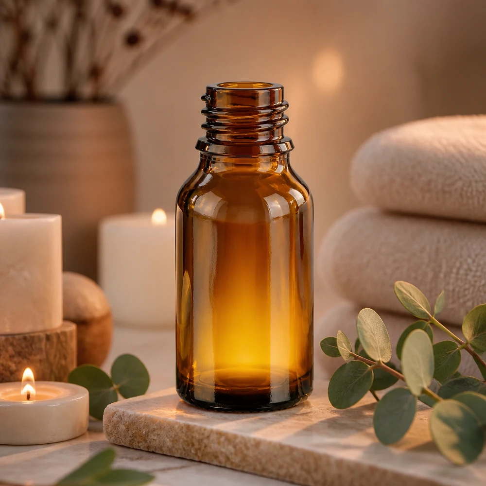 Bottiglia da farmacia in ApoGlas marrone da 30 ml, forma alta, con ramoscelli di eucalipto, collezione di candele e pietre.
