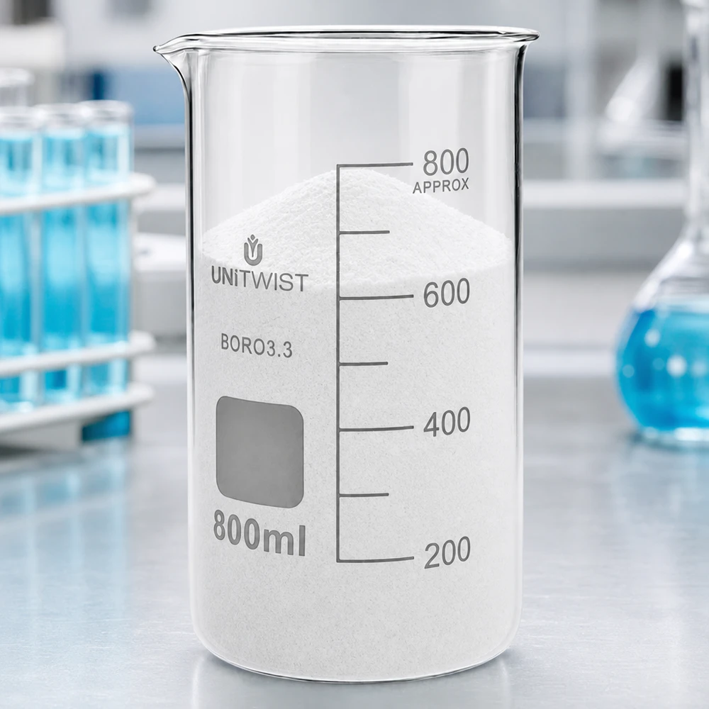 Bicchiere 800ml borosilicato, stampo alto UNITWIST Vaso di vetro UNITWIST da 800 ml, modello alto, riempito di polvere bianca su un tavolo da laboratorio in borosilicato