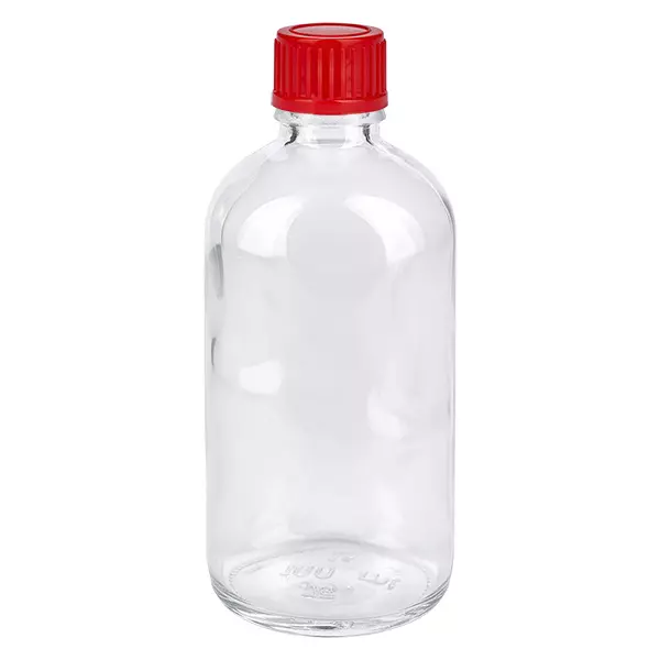 Flacon en verre transparent de 100 ml avec bouchon à vis rouge, 11 mm, flacon médical ClearLine UT18/100