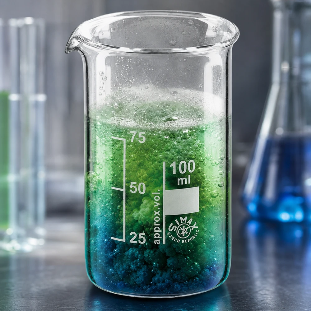 Miscela verde reattiva nel becher Simax da 100 ml, modello alto, con formazione di bolle