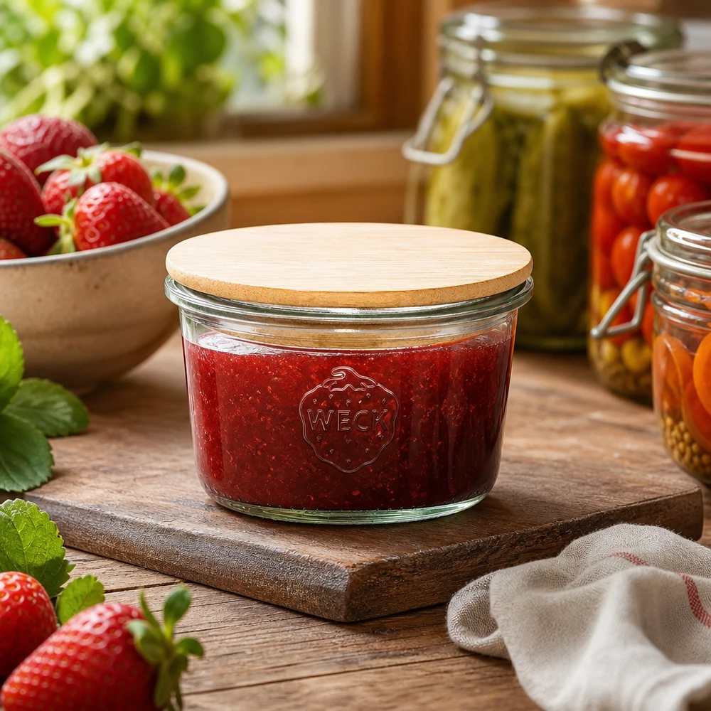 Barattolo da 80 ml WECK RR60 con coperchio in legno Barattolo WECK 80ml RR60 con coperchio in legno riempito di marmellata di fragole in cucina rustica con fragole fresche