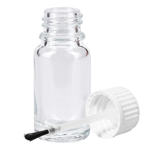 Flacone per pennelli da 10 ml bianco STD ClearLine UT18/10 Flacone vuoto da 10 ml in vetro trasparente con tappo bianco e pennellino per un'applicazione precisa del liquido