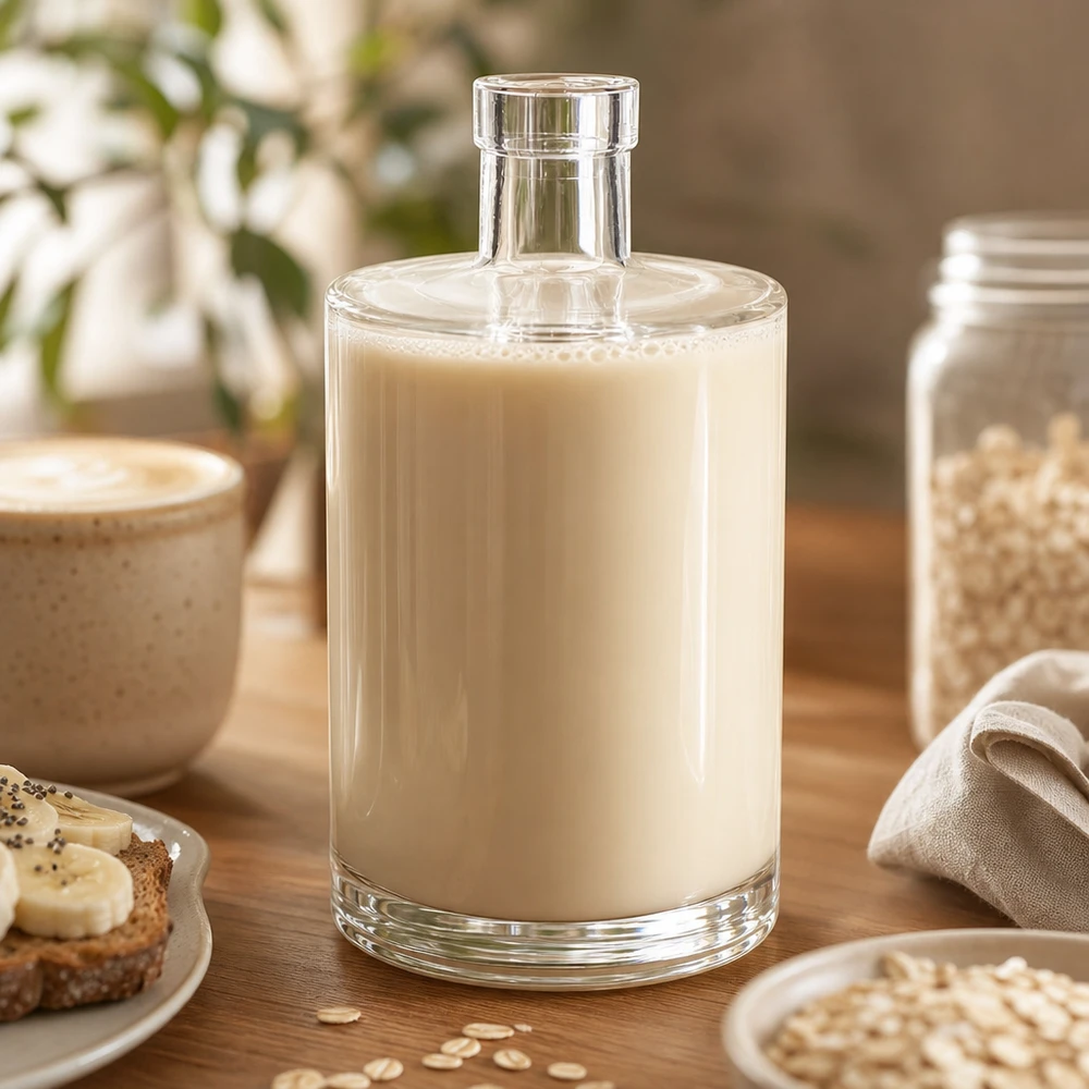 Bottiglia di vetro da 700 ml Marie riempita di latte d'avena sul tavolo di legno accanto alla ciotola dei cereali e ai fiocchi d'avena in cucina