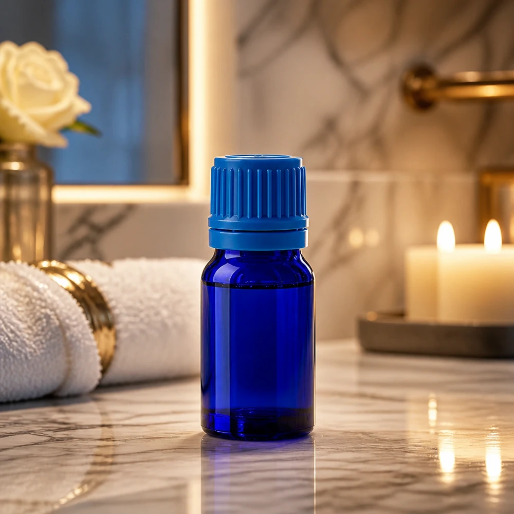Pratico flacone in vetro da 5 ml in blu intenso, ideale per i viaggi e le applicazioni mobili