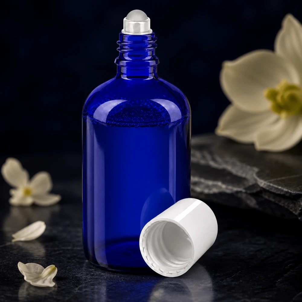 Apothekenflasche blau 100ml Roll-On Verschluss weiß Tiefblaue Roll-On Glasflasche 100ml für ätherische Öle und Parfum mit Rollkugel-Auftragen