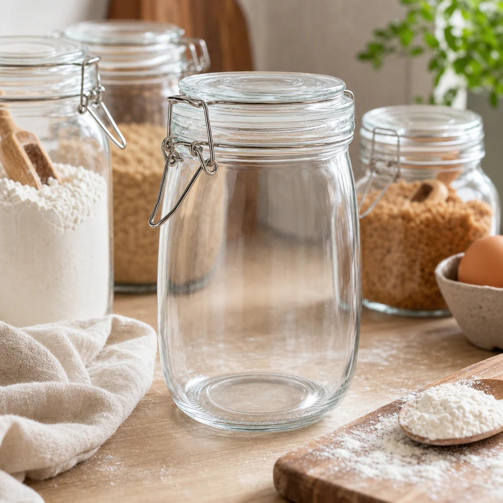 Barattolo vuoto da 1000 ml con tappo oscillante pronto per essere riempito in cucina