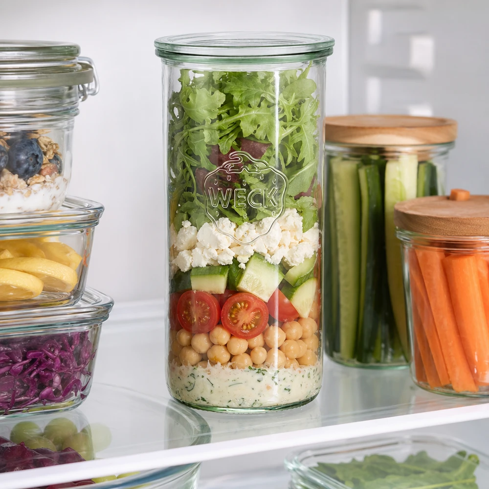 1500ml Sturzglas mit Glasdeckel WECK RR100 WECK Sturzglas 1500ml RR100 im Kühlschrank mit Schichtsalat gefüllt zwischen anderen Vorratsgläsern Meal Prep