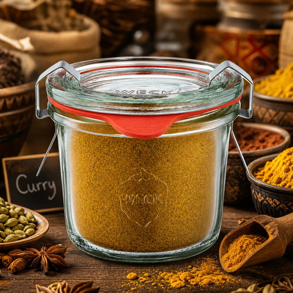 Conservazione delle spezie nel barattolo WECK da 80 ml con curry in polvere, in un’atmosfera da cucina orientale