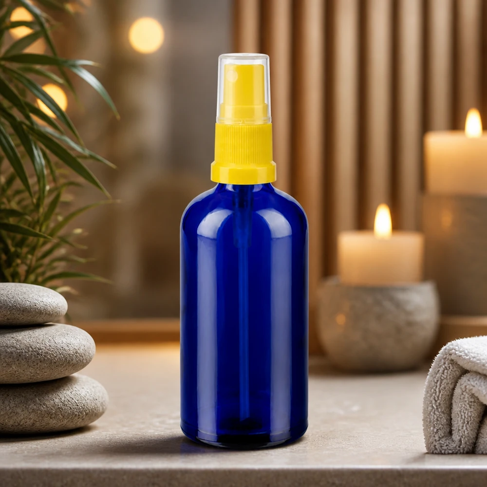 100ml Sprayflasche gelb/transparent Standardverschluss BlueLine UT18/100 Nachfüllbare Glasflasche 100ml mit Sprühaufsatz umweltfreundlich und wiederverwendbar