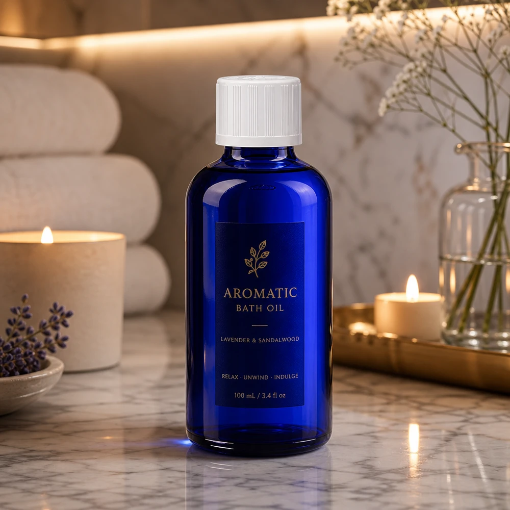 Apothekenflasche blau 50ml Schraubverschluss weiß Kindersicherung Standard Blaue Glasflasche 50ml mit kindersicherem Weißverschluss für ätherische Öle und Badezusätze