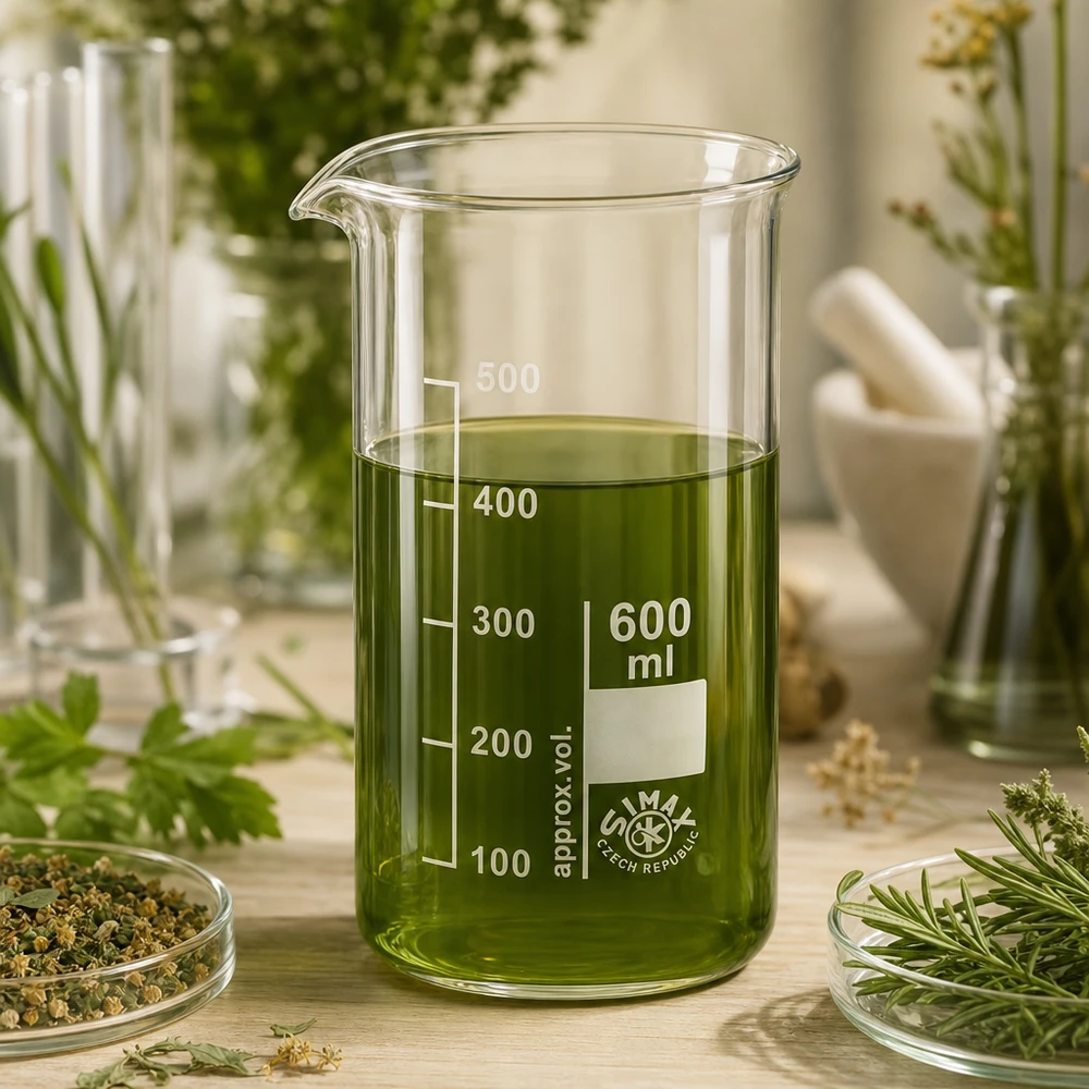 Bicchiere da 600 ml in vetro borosilicato, forma alta Bicchiere da laboratorio da 600 ml, forma alta, con estratto di erbe verde circondato da erbe medicinali fresche e rametti di rosmarino