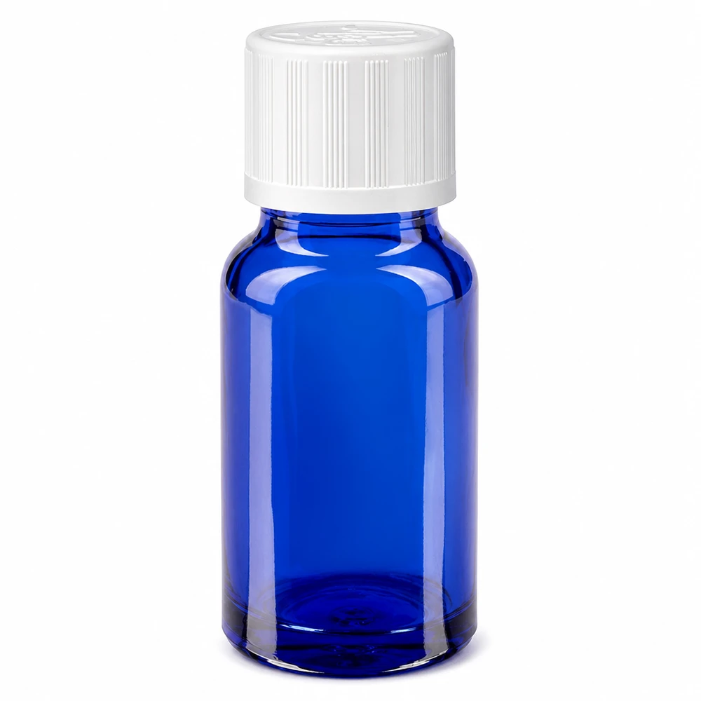 Apothekenflasche blau 10ml Schraubverschluss weiß Kindersicherung Standard Blaue Apotheker Glasflasche 10ml mit kindersicherem weißen Verschluss für Tropfen