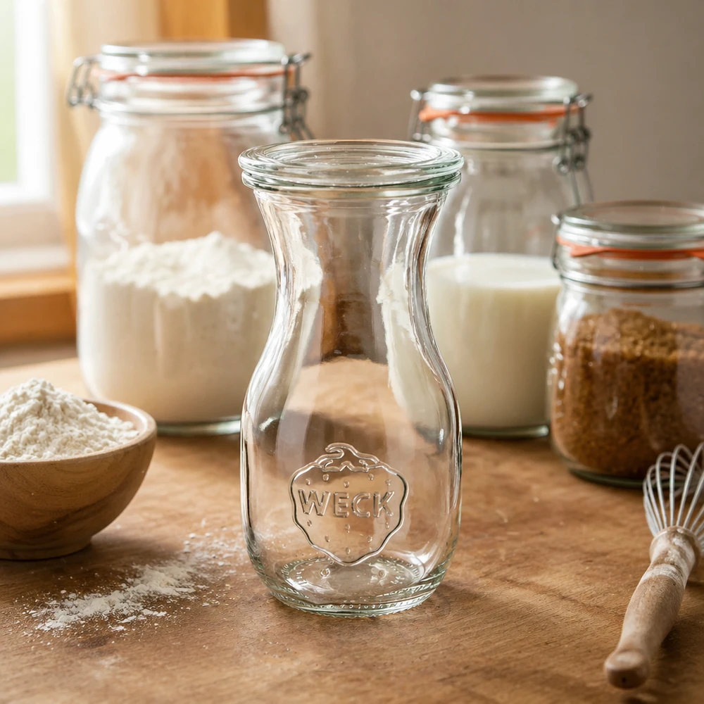 Bouteille à jus de 290 ml avec couvercle en verre WECK RR60 WECK Saftflasche 290ml RR60 in Küchen-Ambiente mit Einmachgläsern Mehl und Backutensilien auf Holzarbeitsplatte