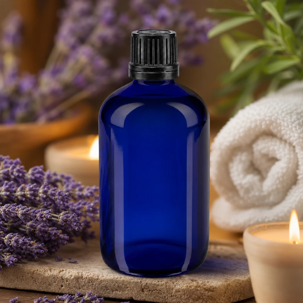 Apothekenflasche blau 100ml Schraubverschluss schwarz Giessring Originalitätsverschluss UV-Schutz Blauglas 100ml Flasche ideal für Öle Tinkturen und Heilmittel