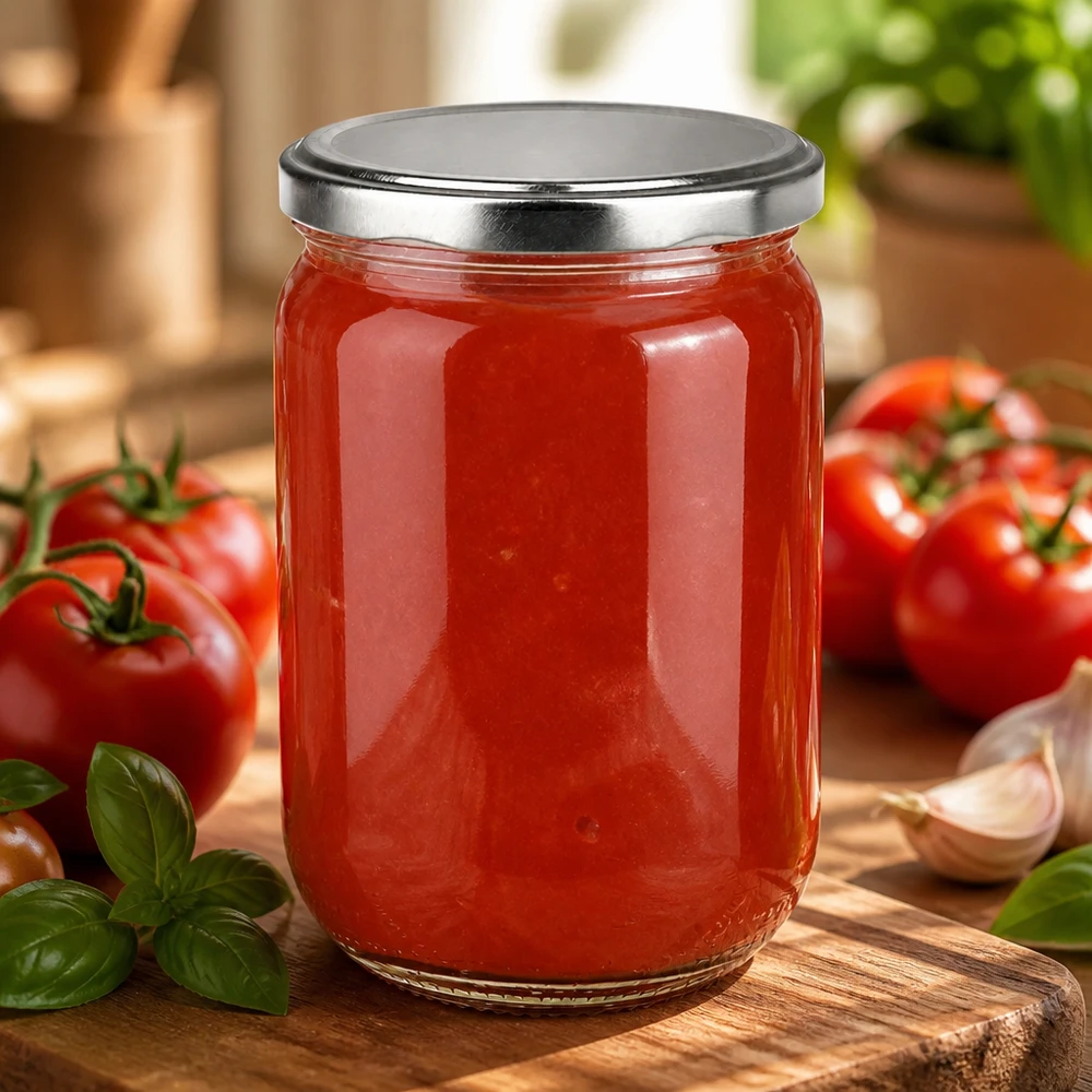 Einmachglas 555ml mit silbernem Schraubdeckel und selbstgemachter Tomatensosse umgeben von frischen Tomaten