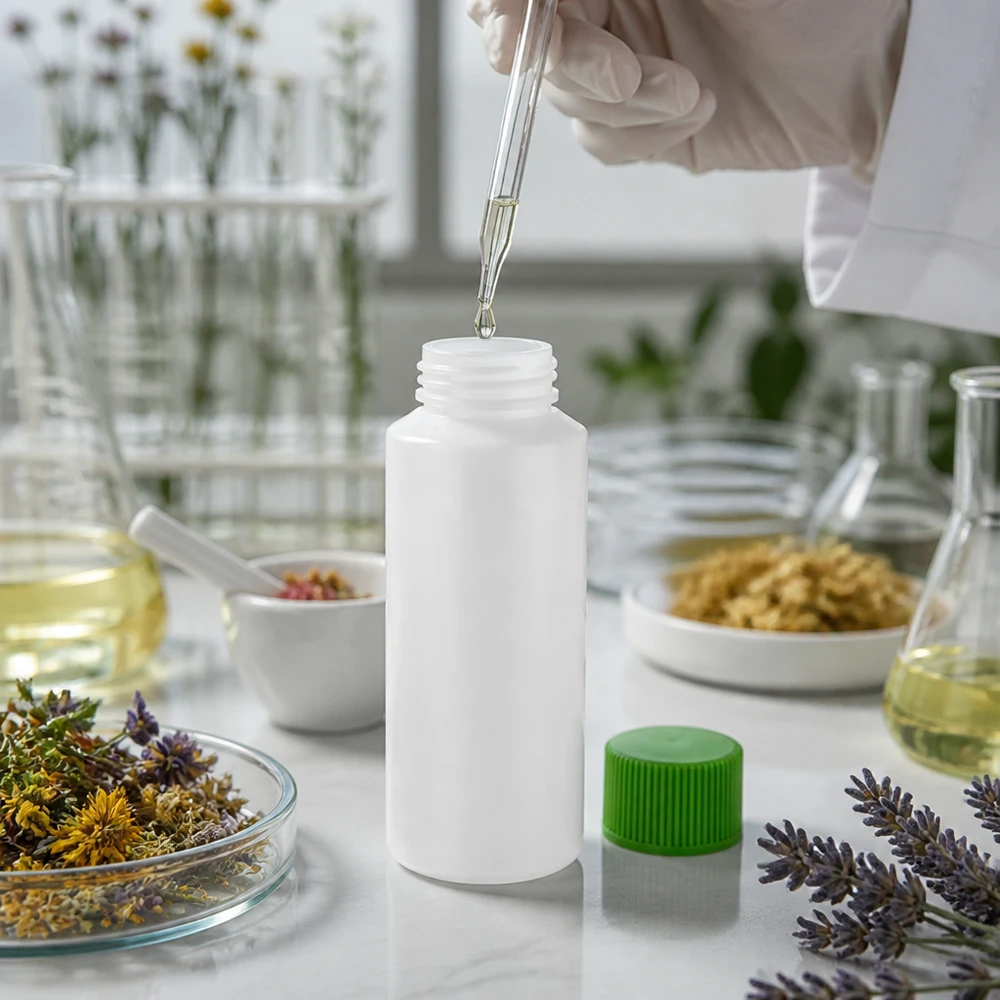 Flacon à col large en PEHD, 30 ml, blanc avec bouchon vert, pour huiles essentielles et teintures végétales