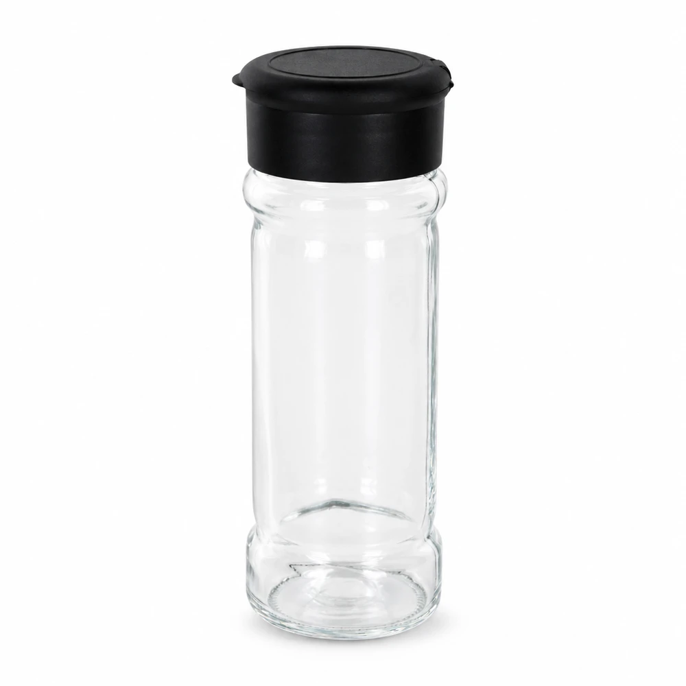 Pot à sel/épices 100 ml avec saupoudreuse, noir Rundes Klarglas-Salzgefäß 100ml mit mattschwarzem Streueraufsatz