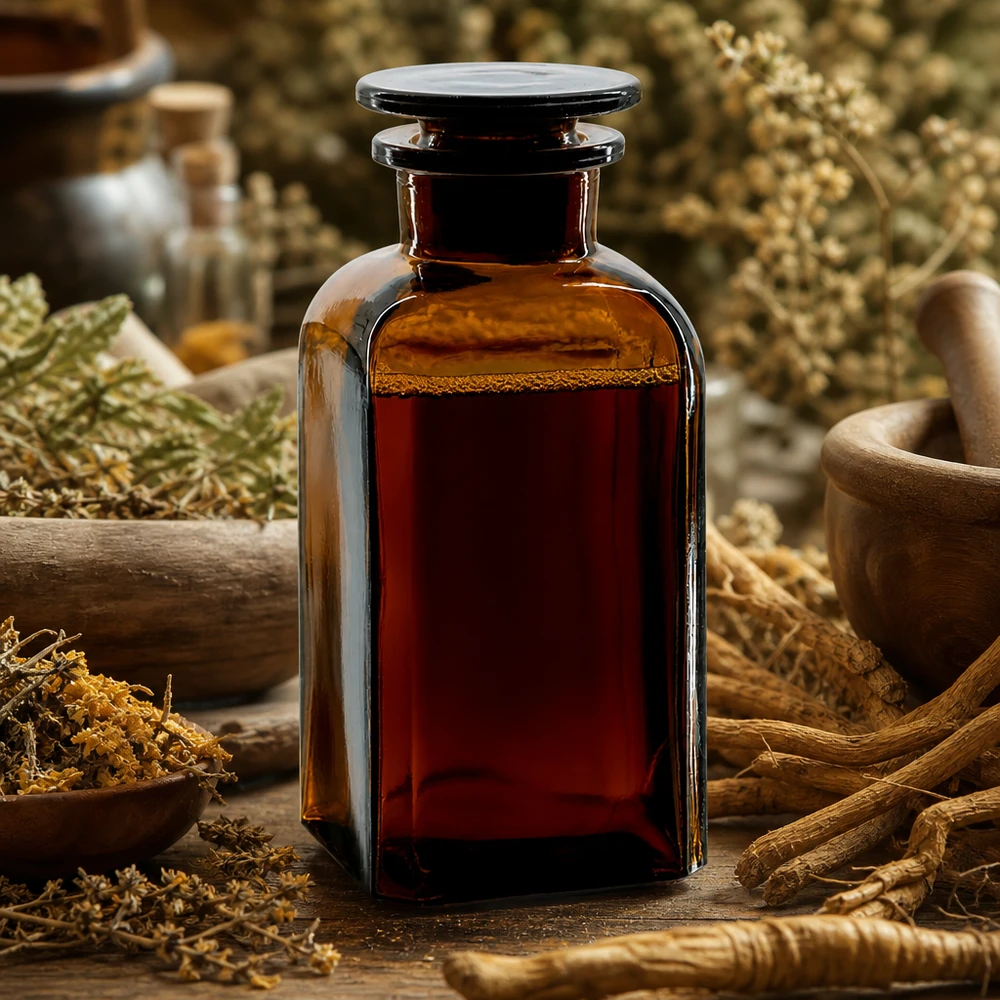 Bottiglia quadrata 350ml marrone con tappo in vetro a collo largo Classica bottiglia quadrata da 350 ml, di colore marrone, con tappo di vetro circondato da erbe medicinali essiccate e radici