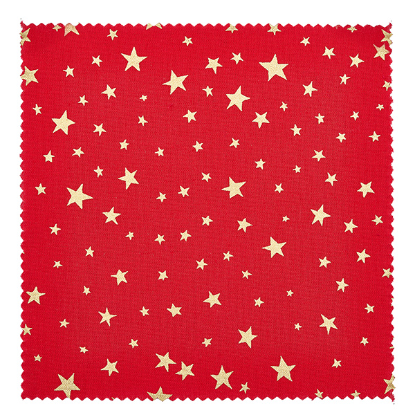 Centrino per gioielli in tessuto rosso "stelle" 12cm quadrato Centrino in tessuto rosso con motivo a stelle dorate primo piano dettaglio centrino gioiello quadrato 12 cm