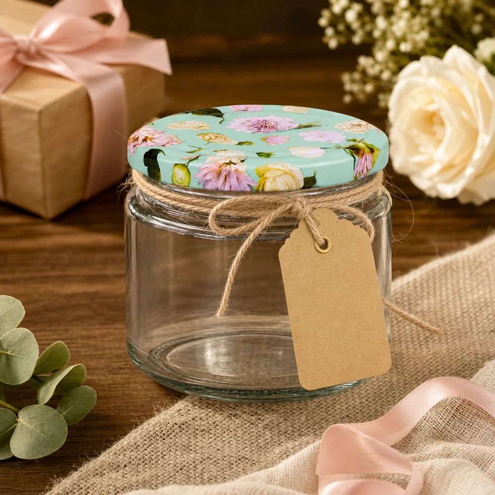 Barattolo rotondo da 330 ml + coperchio BasicSeal flower mint UNiTWIST Barattolo rotondo da 330 ml BasicSeal coperchio fiore menta confezione regalo decorazione corda di iuta ciondolo romantico