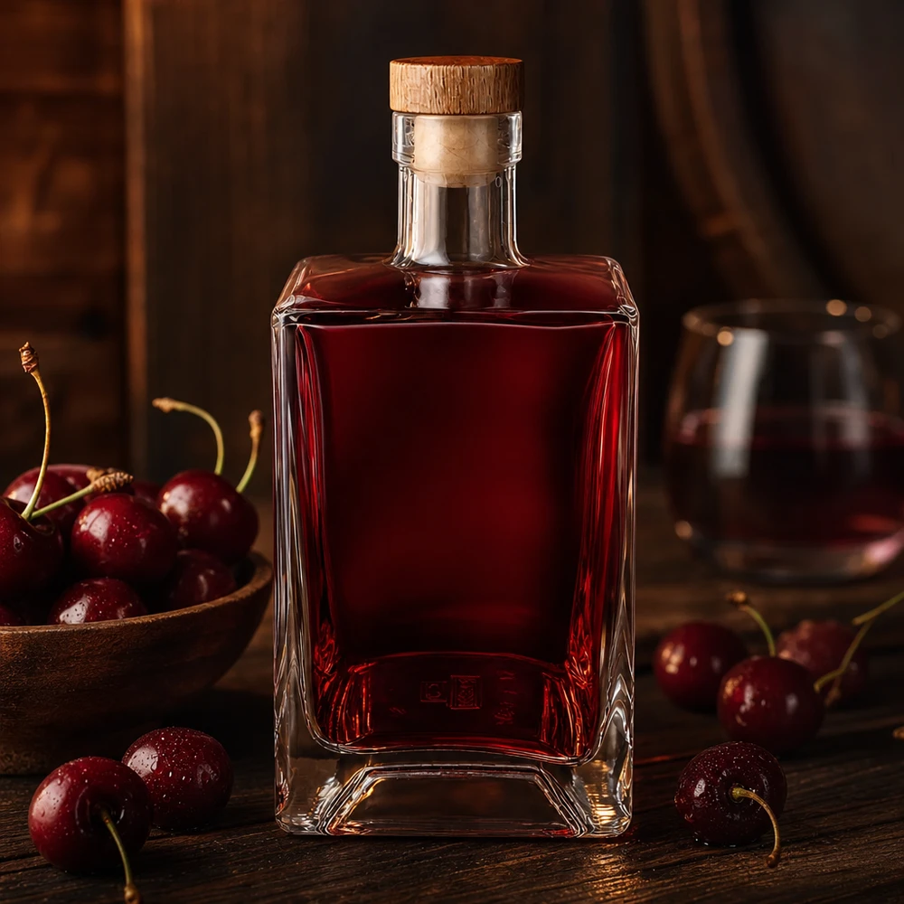 Bottiglia di vetro da 700 ml Ben riempita di liquore di ciliegie rosse tra ciliegie fresche superficie rustica in legno tappo UNiTWIST