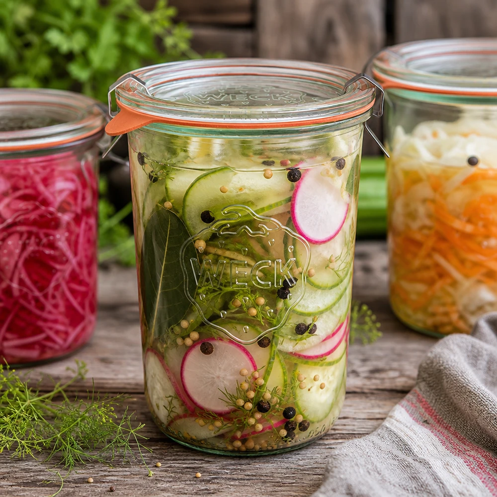 850ml Sturzglas komplett WECK RR100 WECK RR100 Sturzglas 850ml mit eingelegtem Gurken-Radieschen-Salat zeigt perfekte Fermentation und Konservierung