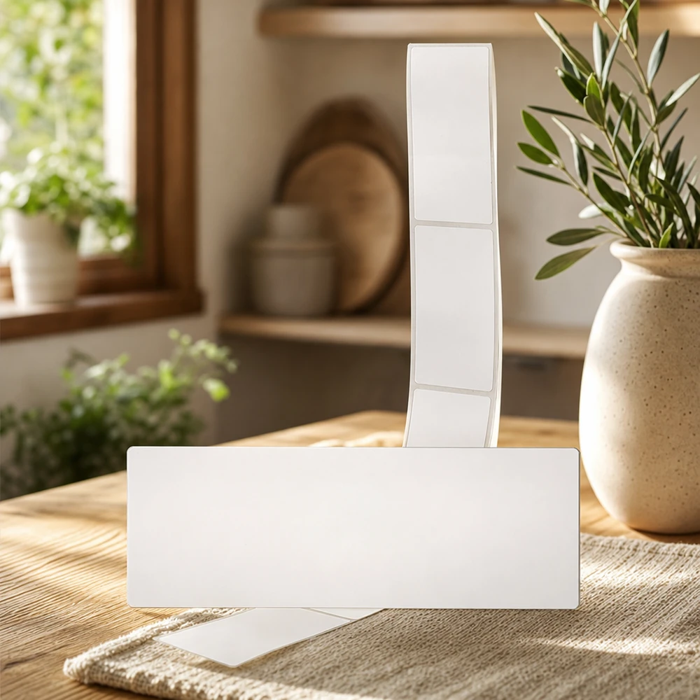 Etichette vuote 54x154,5 mm presentate in un ambiente naturale con piante e luce naturale.