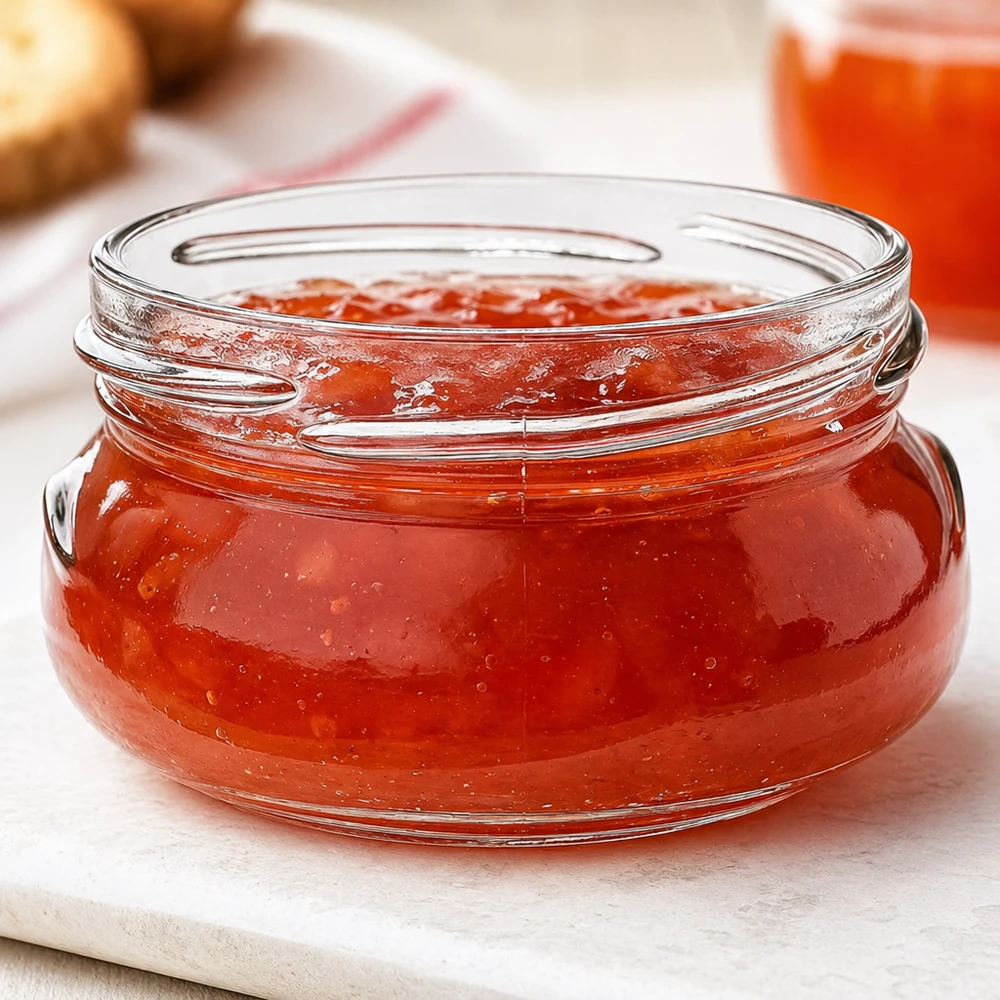 UNiTWIST Terrina120 vaso per terrine 120ml TO70 riempito di marmellata rossa su tavola di legno bianca