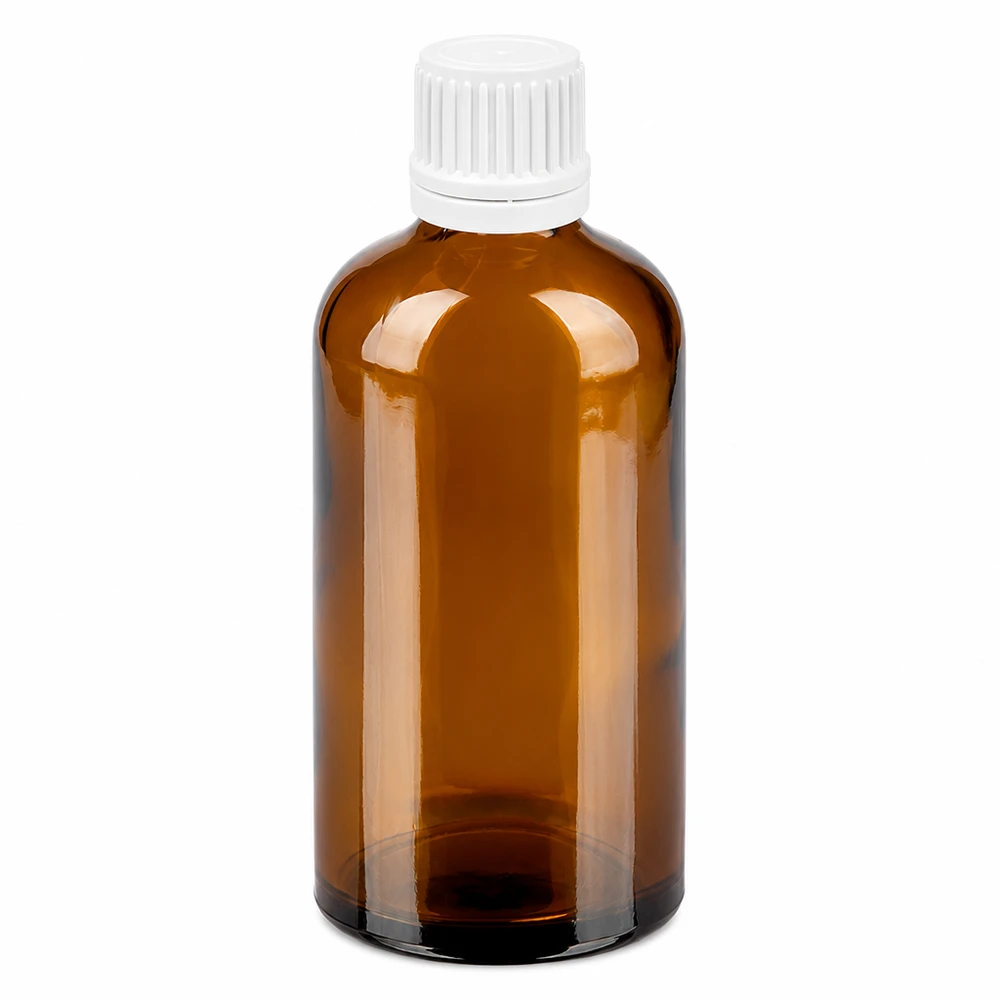 100ml Flasche 11mm Schraubverschluss weiß Originalitätsverschluss BrownLine UT18/100 Kompakte 100ml Braunglasflasche mit weißem 11mm Verschluss für pharmazeutische Anwendungen