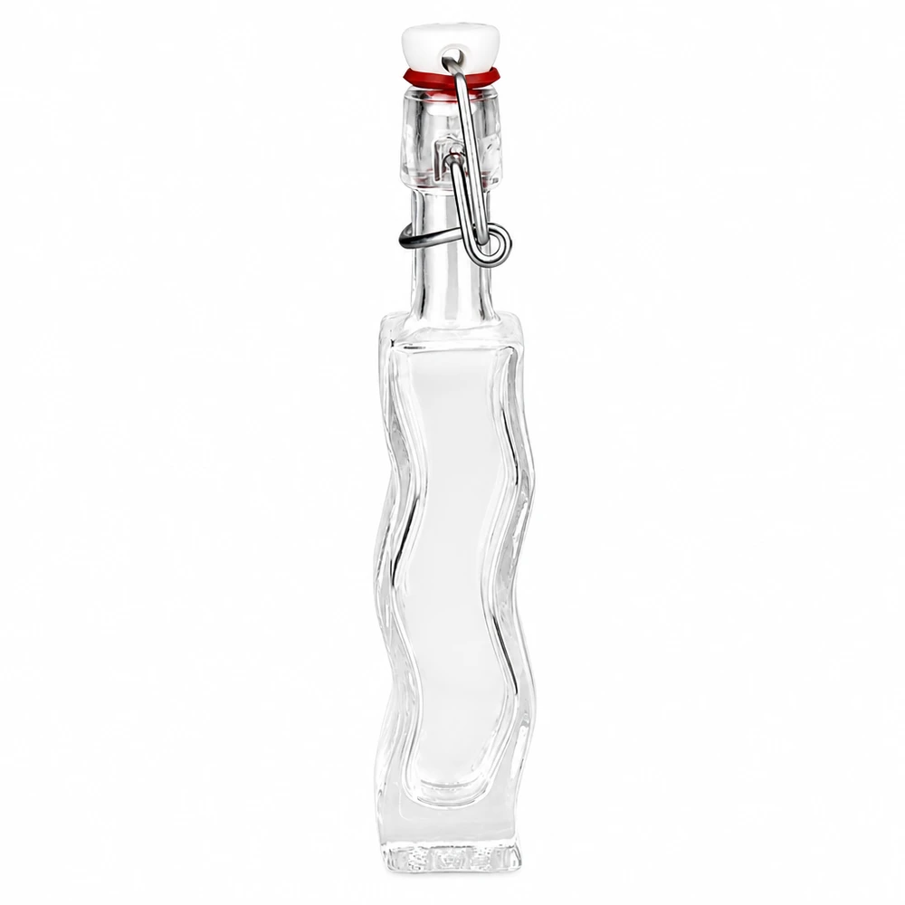 Flacone in vetro da 40 ml Fila con tappo a clip in PVC UNiTWIST® Bottiglia in vetro da 40 ml Anna con vetro trasparente e tappo oscillante in PVC bianco UNiTWIST, forma curva