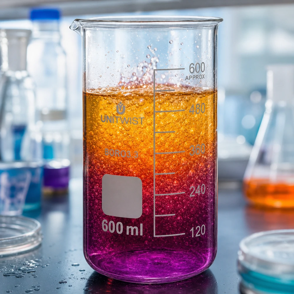 Bicchiere 600ml borosilicato, stampo alto UNITWIST UNITWIST Bicchiere da laboratorio da 600 ml, modello alto, in borosilicato con sfumatura arancione-viola