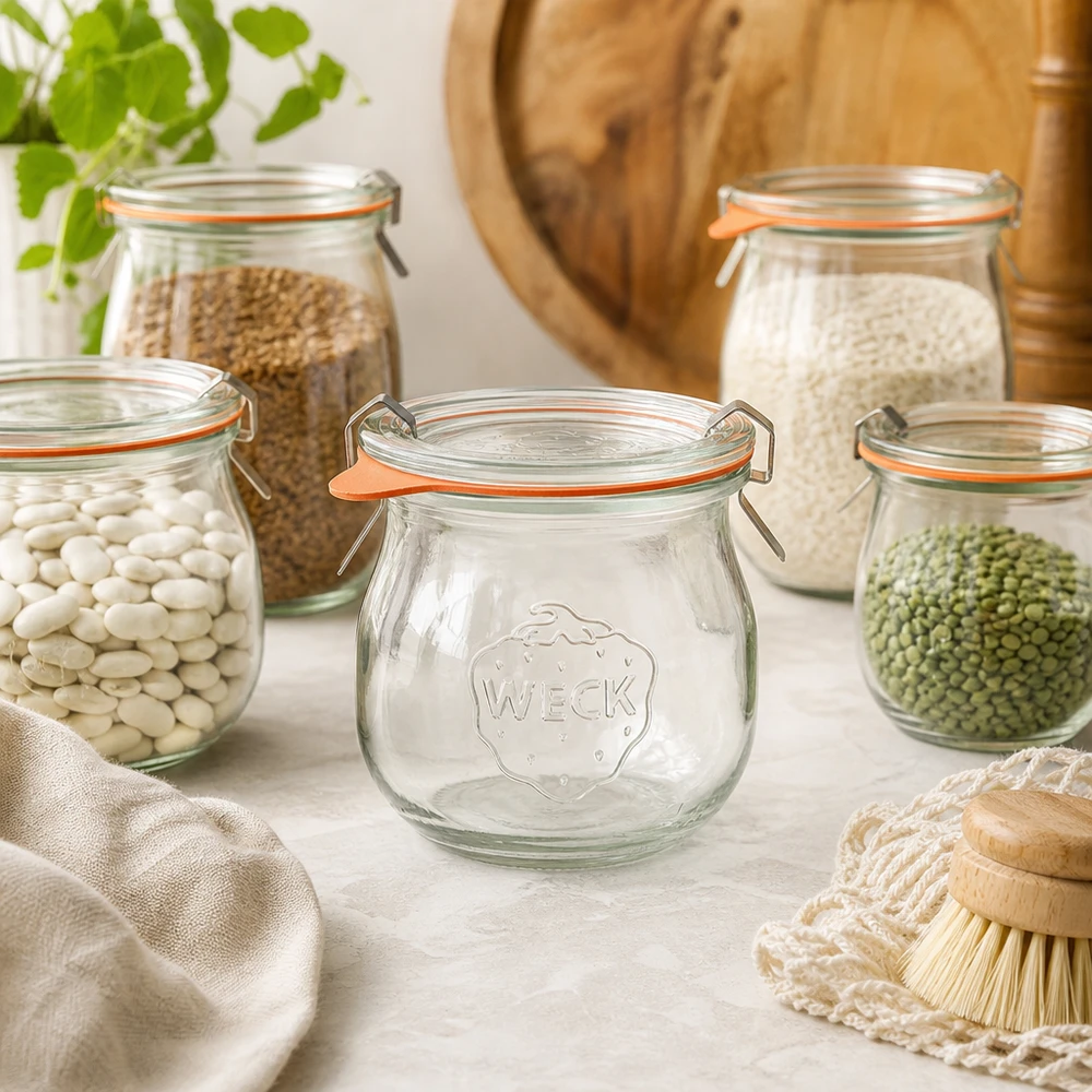 Barattolo a tulipano da 75 ml completo WECK RR40 WECK barattolo tulipano 75ml RR40 in un ambiente naturale della cucina tra i barattoli di stoccaggio con legumi e cereali