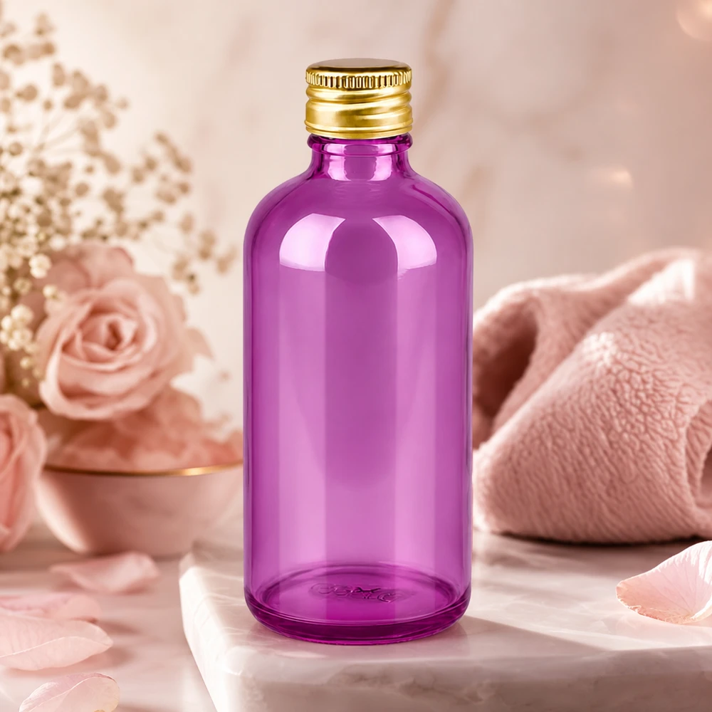 100ml Flasche 11mm Schraubverschluss Alu-Gold Standard PurpleLine. UT18/100 Standardformat 100ml Violettglasbehälter mit wiederverschließbarem Deckel für portionierte Anwendung