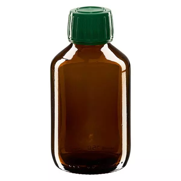 150ml Medizinflasche braun, Verschluss grün mit Originalitätsring ApoGlas