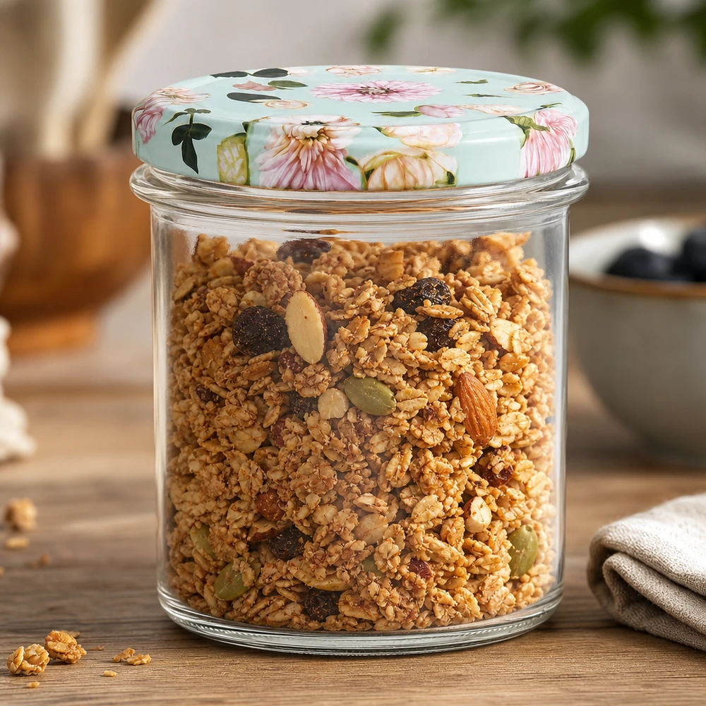 350ml Sturzglas + BasicSeal Deckel Blume mint UNiTWIST 350ml Sturzglas mit BasicSeal Deckel Blumenmuster mint gefüllt mit Müsli, praktische Vorratsdose für Küche