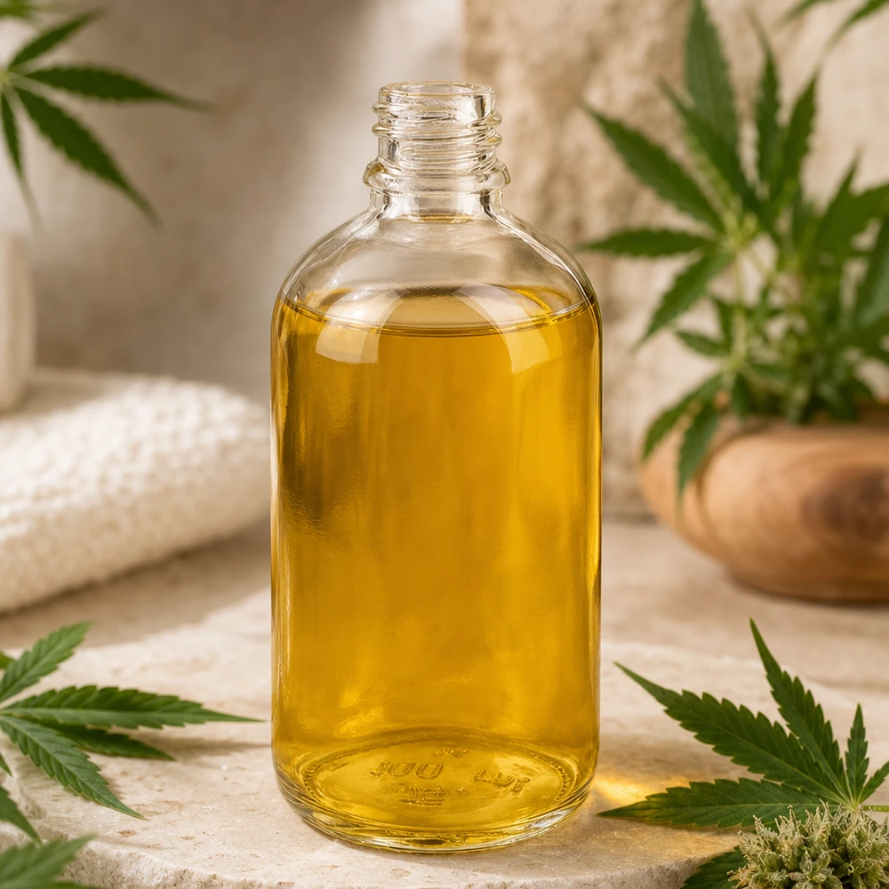 Flacon à pharmacie 100ml ClearLine DIN18 UNiTWIST Flacon de pharmacie ClearLine de 100 ml rempli d'huile de CBD, entouré de feuilles de cannabis UNiTWIST DIN18