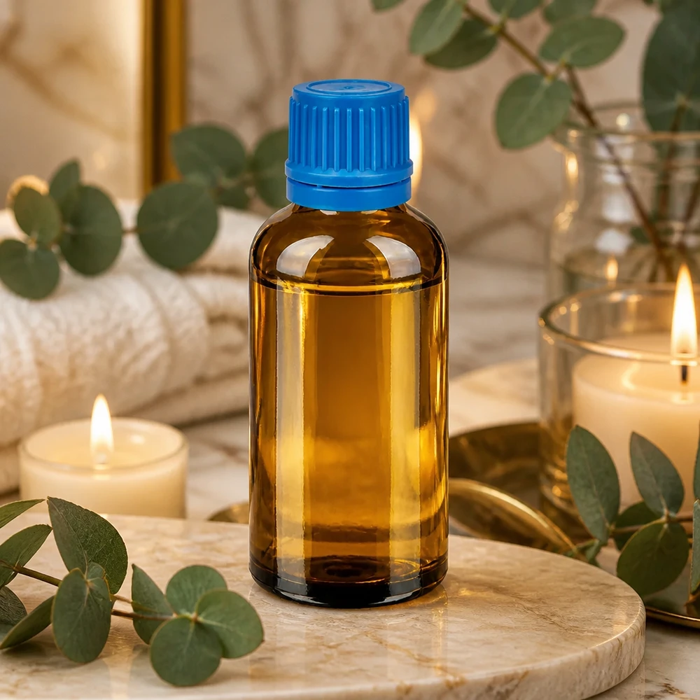 50ml Flasche 11mm Schraubverschluss blau Originalitätsverschluss BrownLine UT18/50 Vielseitige 50ml Flasche aus braunem Schutzglas mit engem Hals für Aromatherapie und Kosmetik