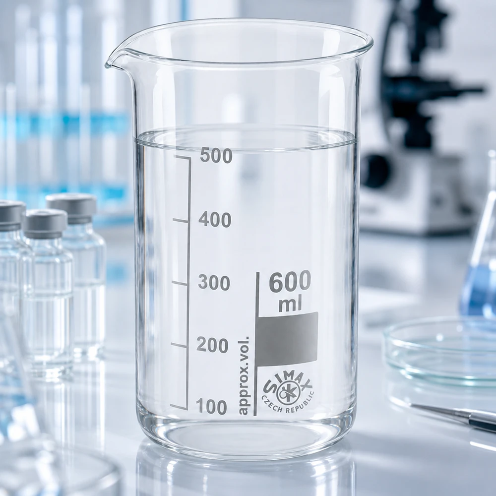 Bicchiere da 600 ml in vetro borosilicato, forma alta Becher vuoto da 600 ml, forma alta, in vetro borosilicato trasparente con graduazione, su tavolo da laboratorio