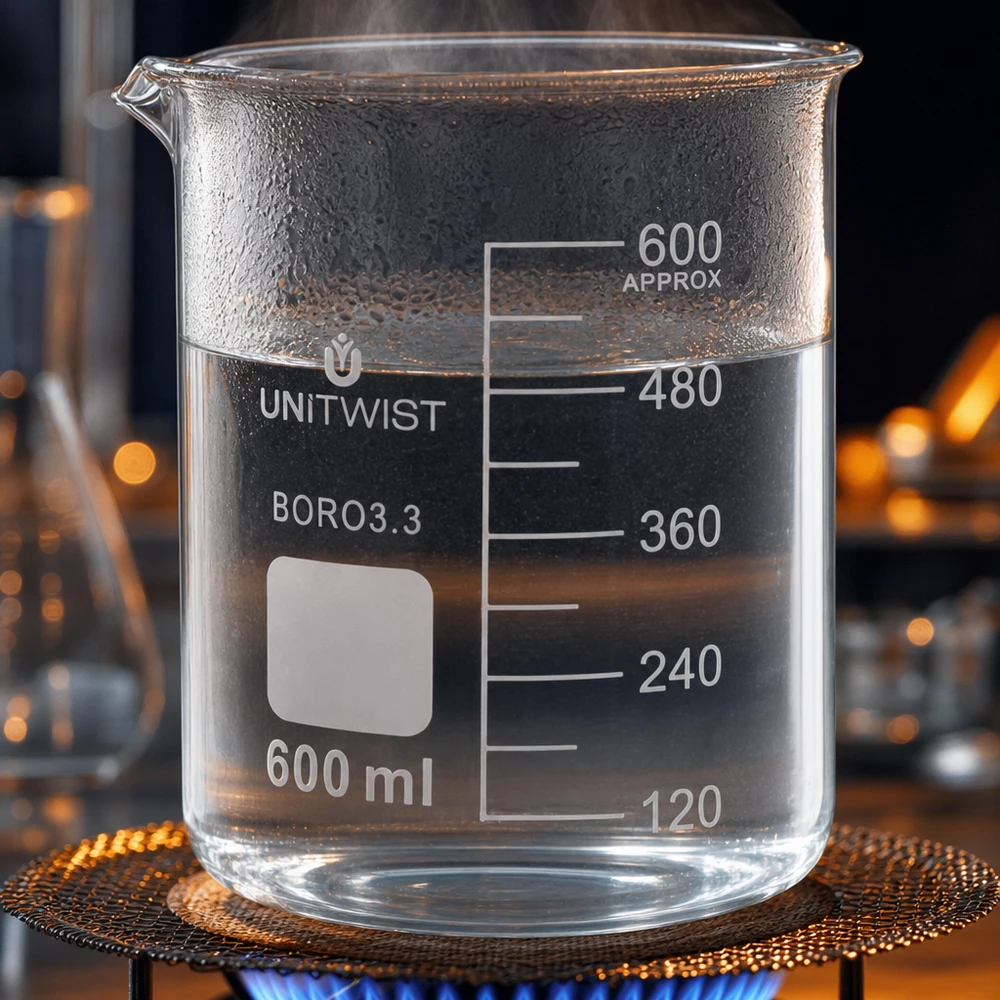 Bicchiere da 600 ml in borosilicato, stampo basso UNiTWIST Bicchiere da laboratorio da 600 ml riscaldato su un bruciatore a gas con acqua bollente e vapore UNiTWIST in borosilicato