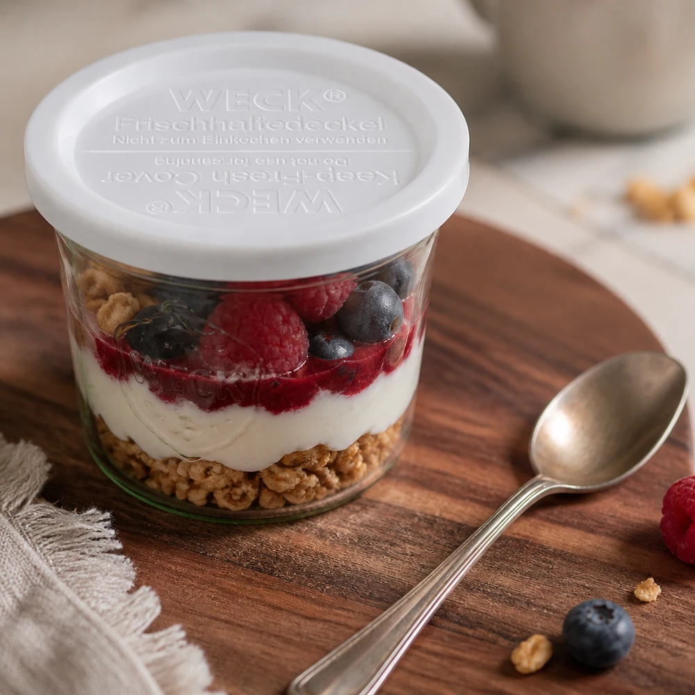 Coperchio WECK keep-fresh RR120 su dessert di yogurt e bacche in vasetto con cucchiaio su tavola di legno Accessori da cucina