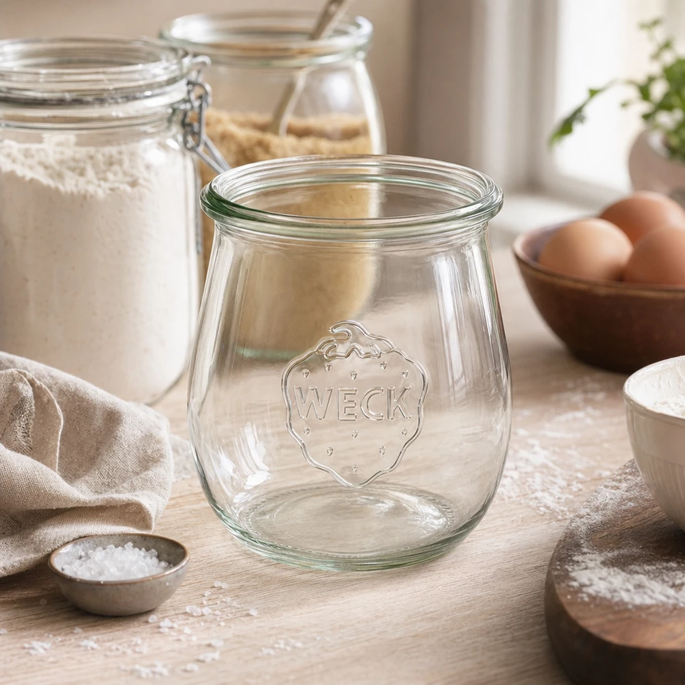 Vaso a tulipano da 220 ml WECK RR60 WECK vaso a tulipano 220ml RR60 trasparente vuoto in cucina con farina, uova e ingredienti da forno su un tavolo di legno