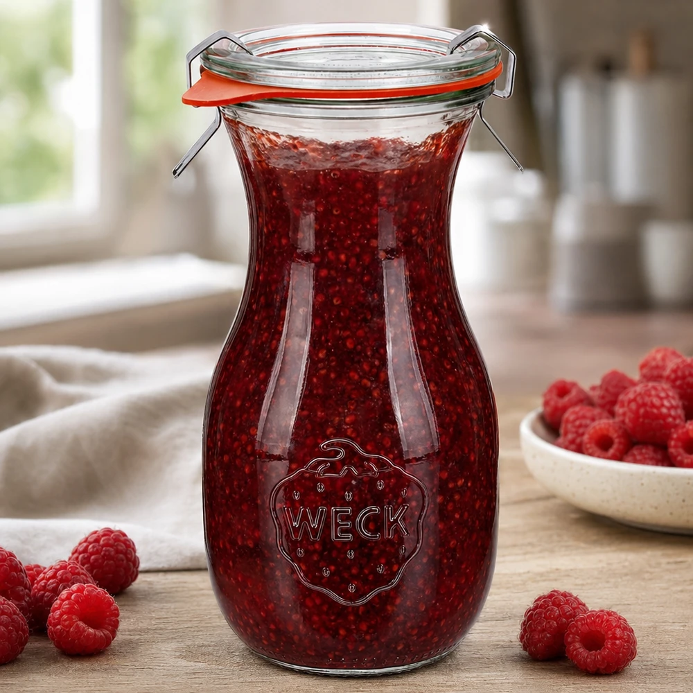 Bottiglia per succhi da 290 ml, set completo WECK RR60 Bottiglia di succo WECK da 290 ml RR60 riempita con marmellata di lamponi e top oscillante su un tavolo di legno con lamponi freschi