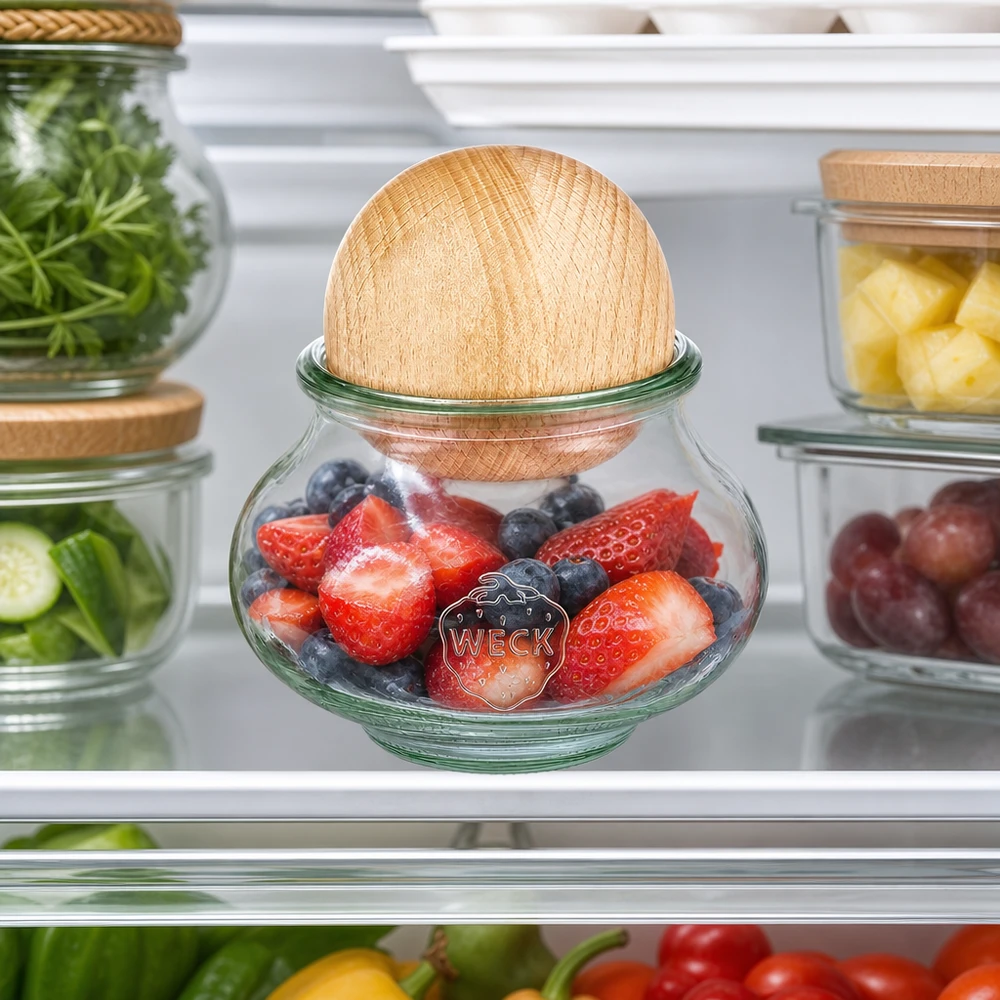 Vaso per gioielli WECK RR80 da 560 ml con sfera in legno di faggio WECK barattolo per gioielli 560ml RR80 Frigorifero conservazione bacche frutta palla di legno faggio freschezza conservazione frigorifero organizzazione