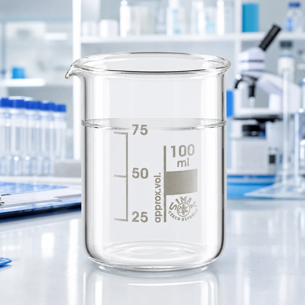 Becher 100ml in vetro borosilicato, forma bassa Bicchiere trasparente da 100 ml in robusto vetro borosilicato con graduazione precisa del volume