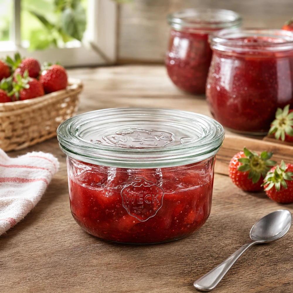 165ml Sturzglas mit Glasdeckel WECK RR80 WECK Sturzglas 165ml RR80 gefüllt mit Erdbeermarmelade auf Holztisch mit frischen Erdbeeren und Löffel
